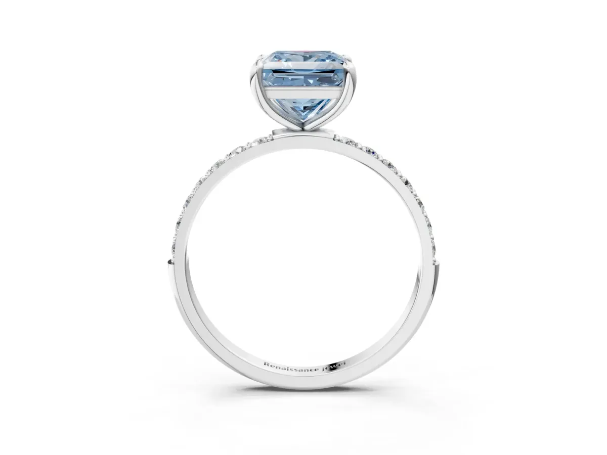 Fancy Blue Princess Cut Diamond Solitaire Ring with Round Pavé Band and Prong Setting White gold