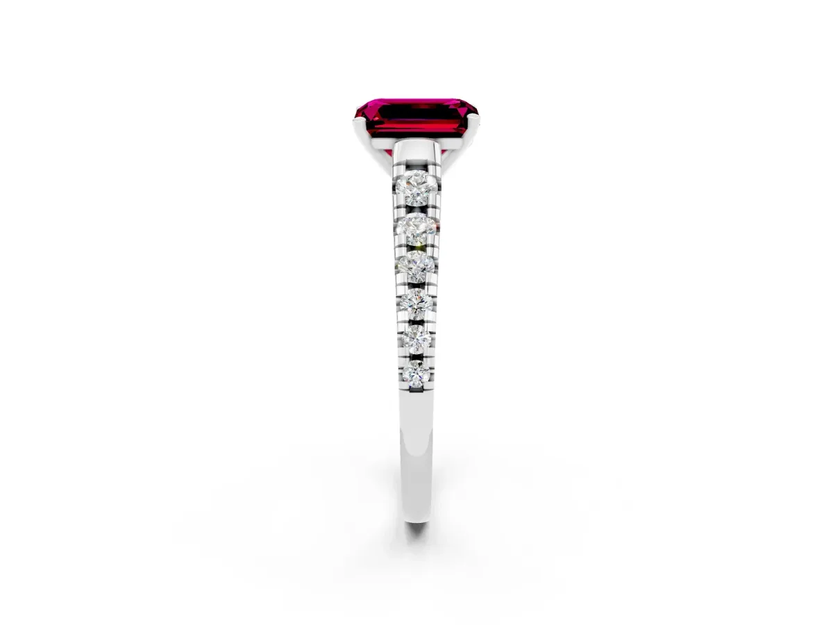 Emerald Cut Garnet Cathedral Solitaire Ring with Round Pavé Band Silver