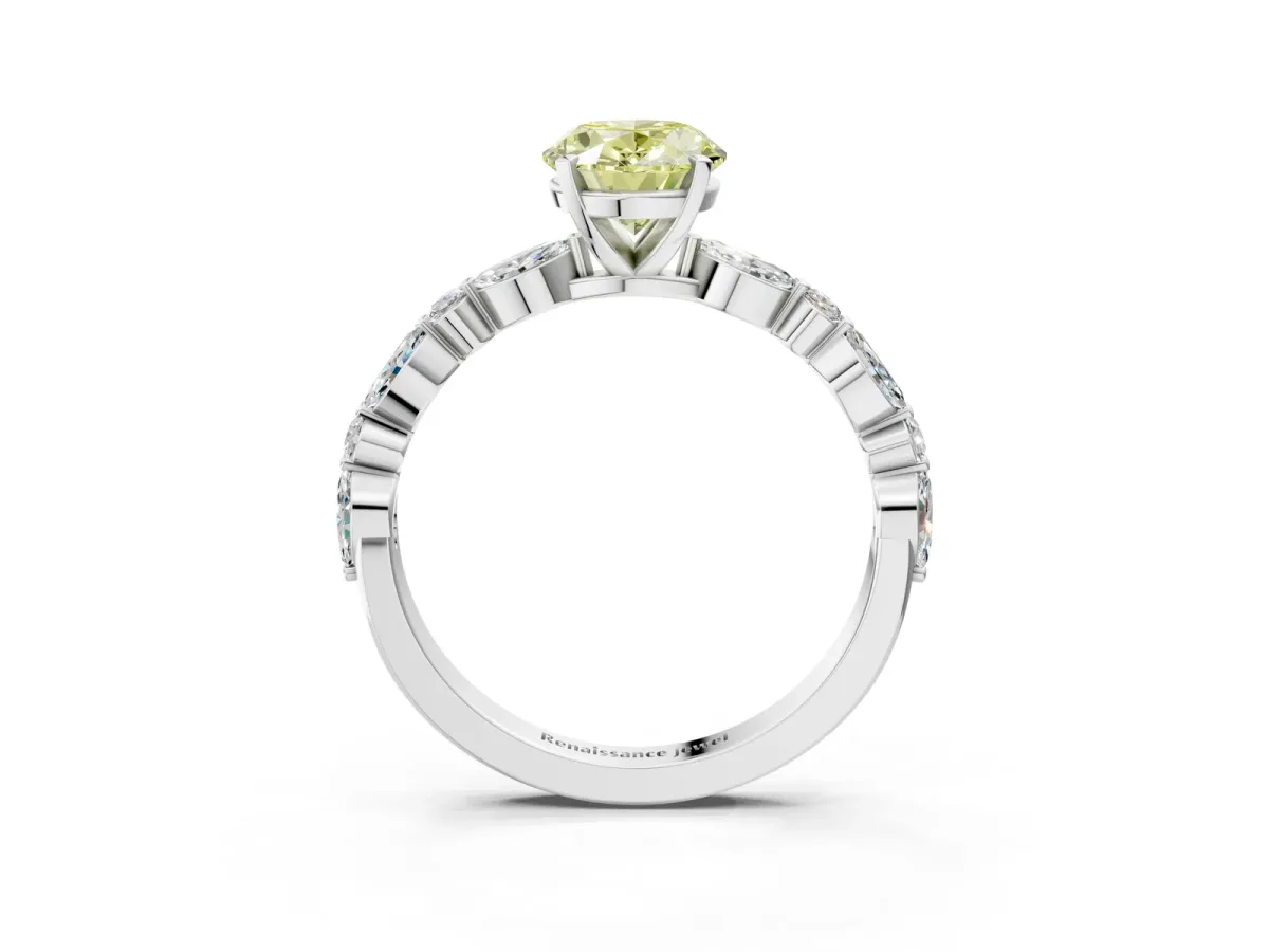 Fancy Yellow Oval Cut Diamond Ring with Marquise and Round Side Stones and Four-Prong Setting Silver