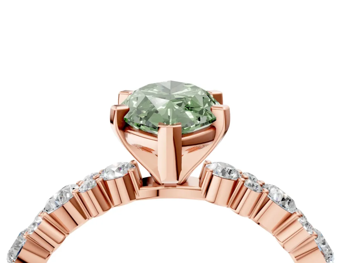 Fancy Green Marquise Cut Diamond Side Stone Solitaire Ring with Round and Four-Prong Setting Rose gold