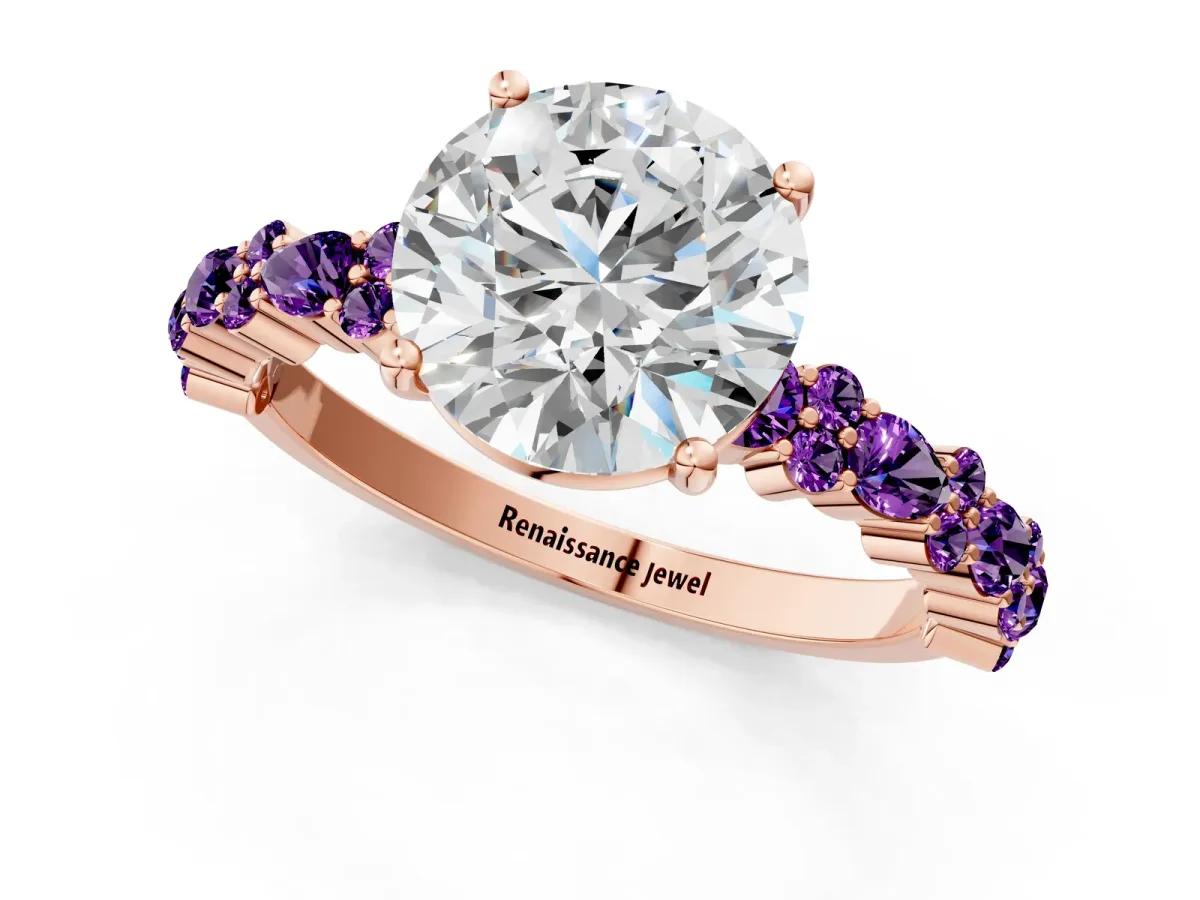 Round Cut Diamond Side Stone Solitaire Ring with Round Amethyst and Four-Prong Setting Rose gold