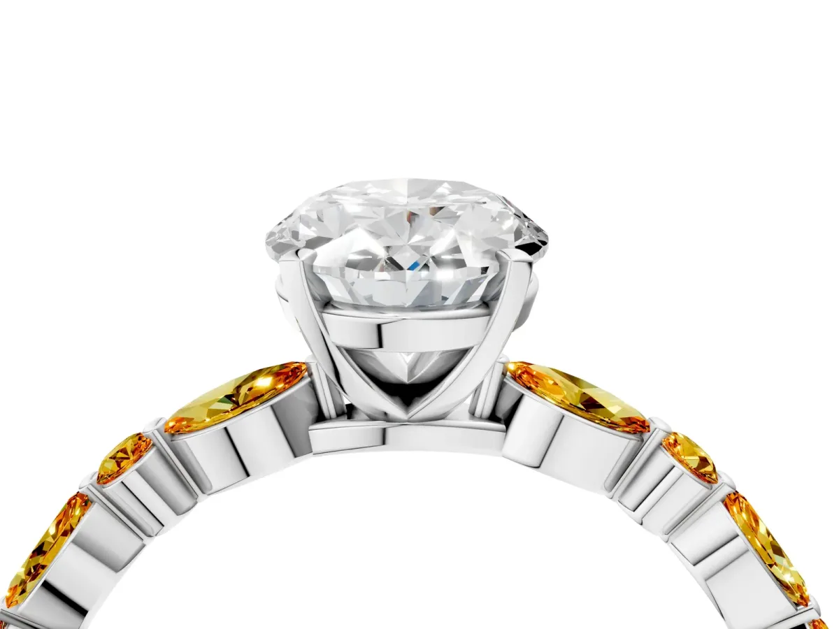 Oval Cut Diamond Ring with Marquise and Round Citrine Side Stones and Four-Prong Setting Silver