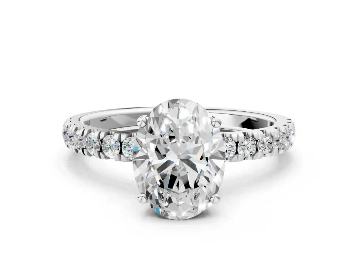 Oval Cut Diamond Pave Band Solitaire Ring with Round and Prong Setting White gold