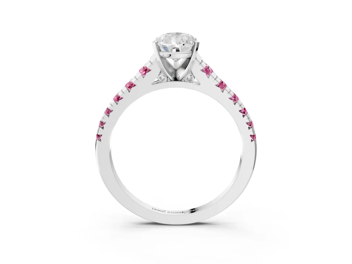 Pear Cut Diamond Cathedral Solitaire Ring with Round Pink Sapphire Pavé Band Platinum
