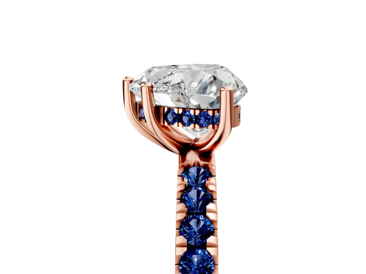 Heart Cut Diamond Pave Band Solitaire Ring with Round Blue Sapphire and Prong Setting Rose gold