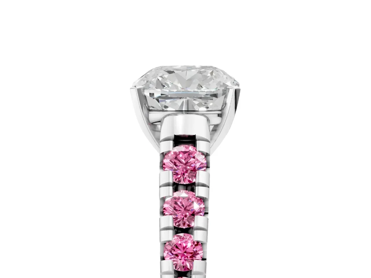 Cushion Cut Diamond Cathedral Solitaire Ring with Round Pink Sapphire Pavé Band Silver