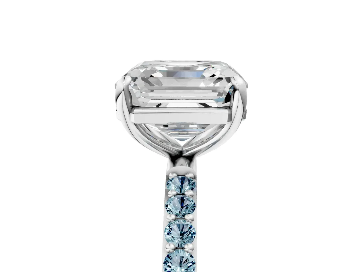 Asscher Cut Diamond Solitaire Ring with Round Aquamarine Pavé Band and Prong Setting Silver
