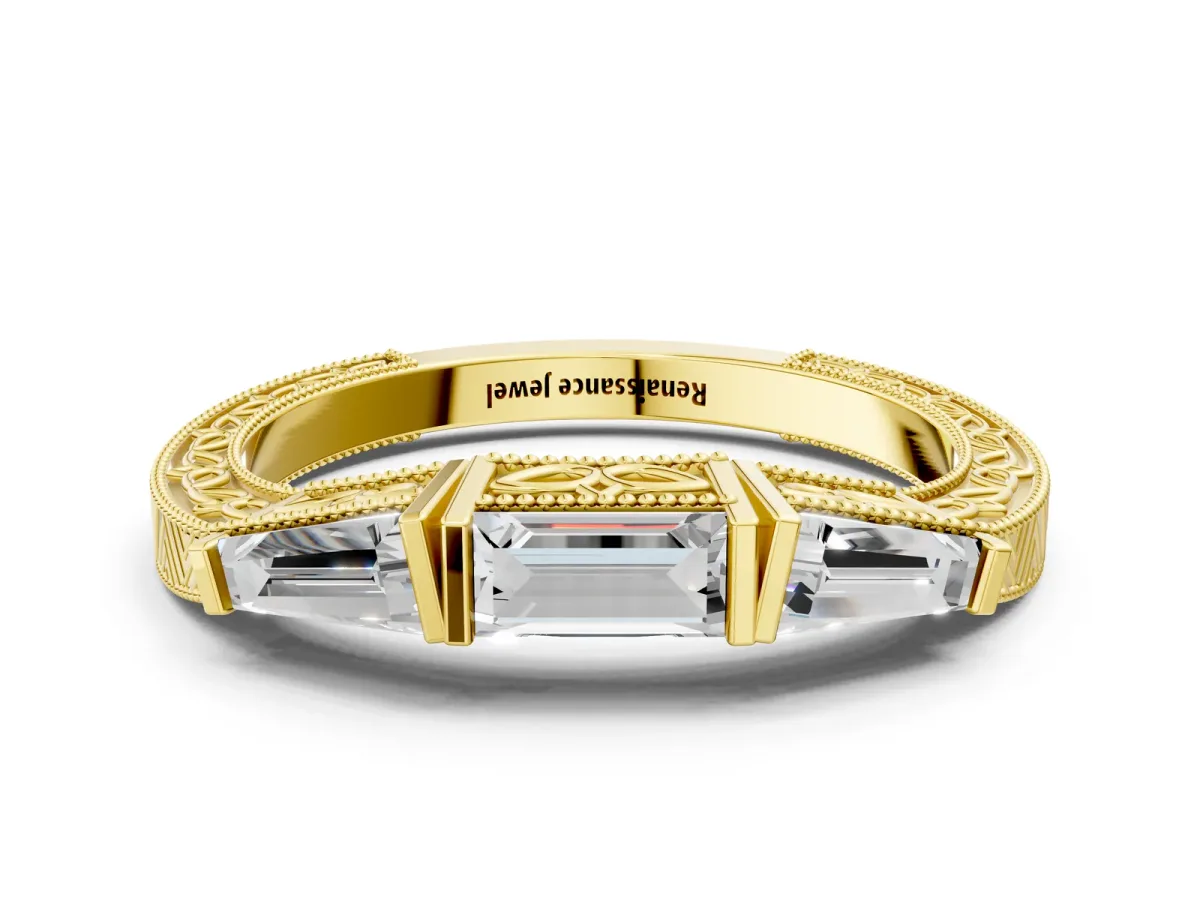 Baguette Cut Channel Set Milgrain Band with V-Prong Setting Yellow gold