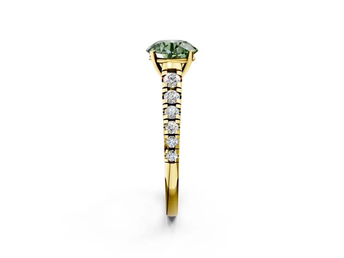 Fancy Green Round Cut Diamond Cathedral Solitaire Ring with Round Pavé Band Yellow gold