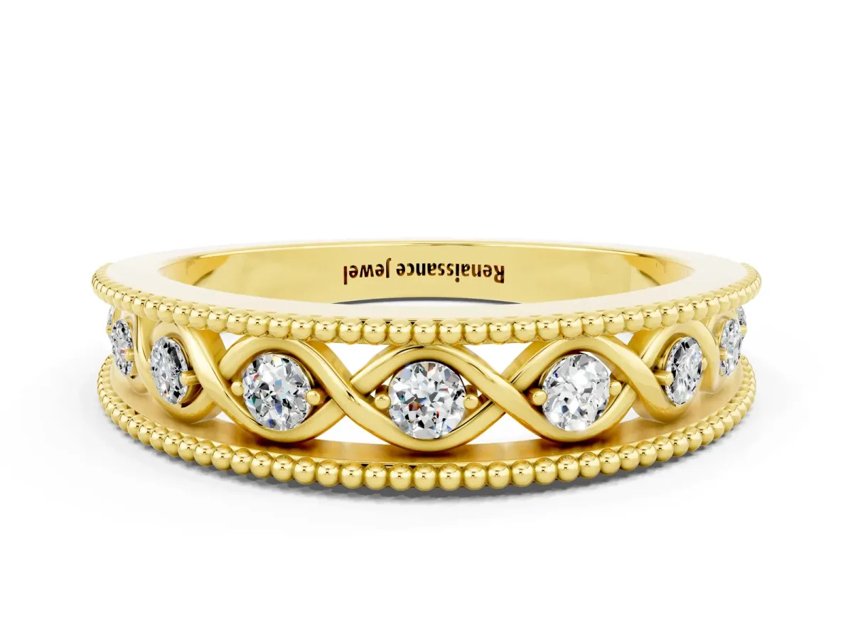 Round Moissanite Twist Milgrain Band with Bezel Setting Yellow gold