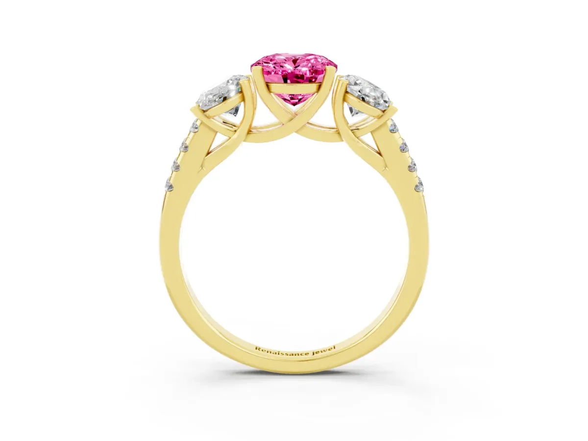 Three-Stone Oval Cut Pink Sapphire Ring with Round Pavé Band and Prong Setting Yellow gold