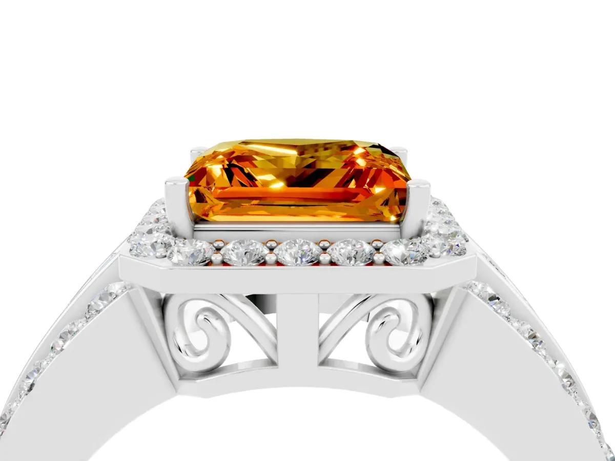 Princess Cut Halo Citrine Ring with Round Split Shank and Prong Setting White gold