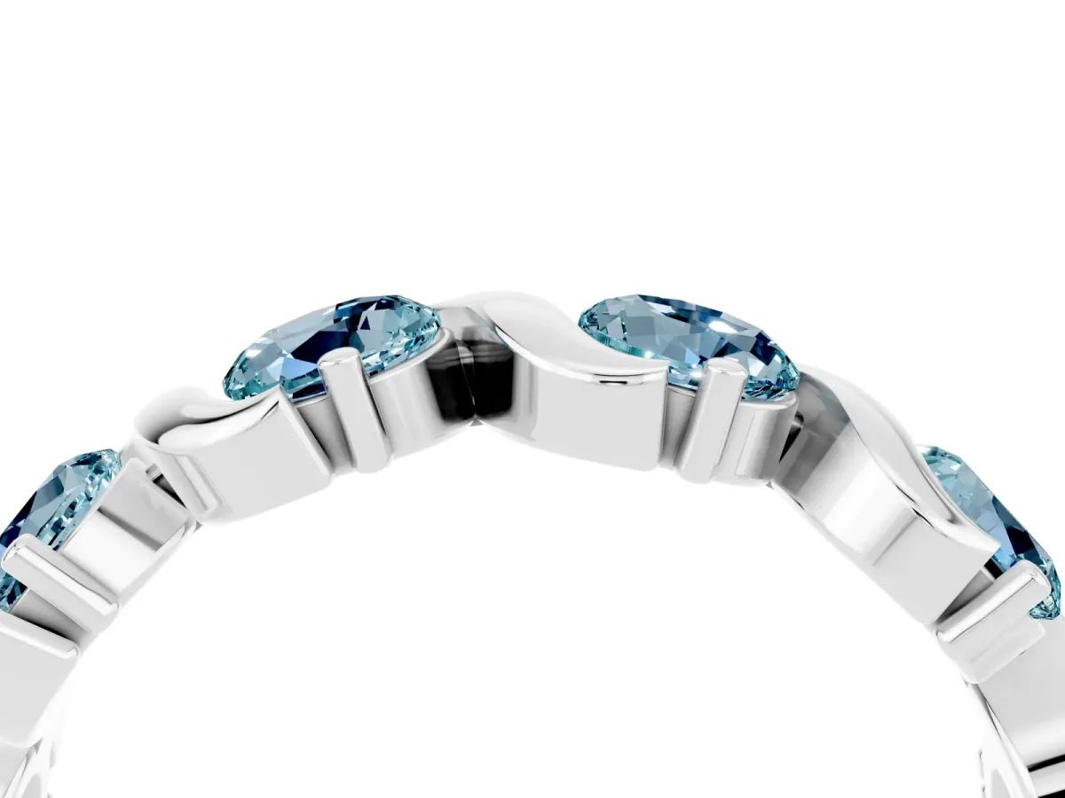 Round Aquamarine Half Eternity Band with Wave Prong Setting White gold