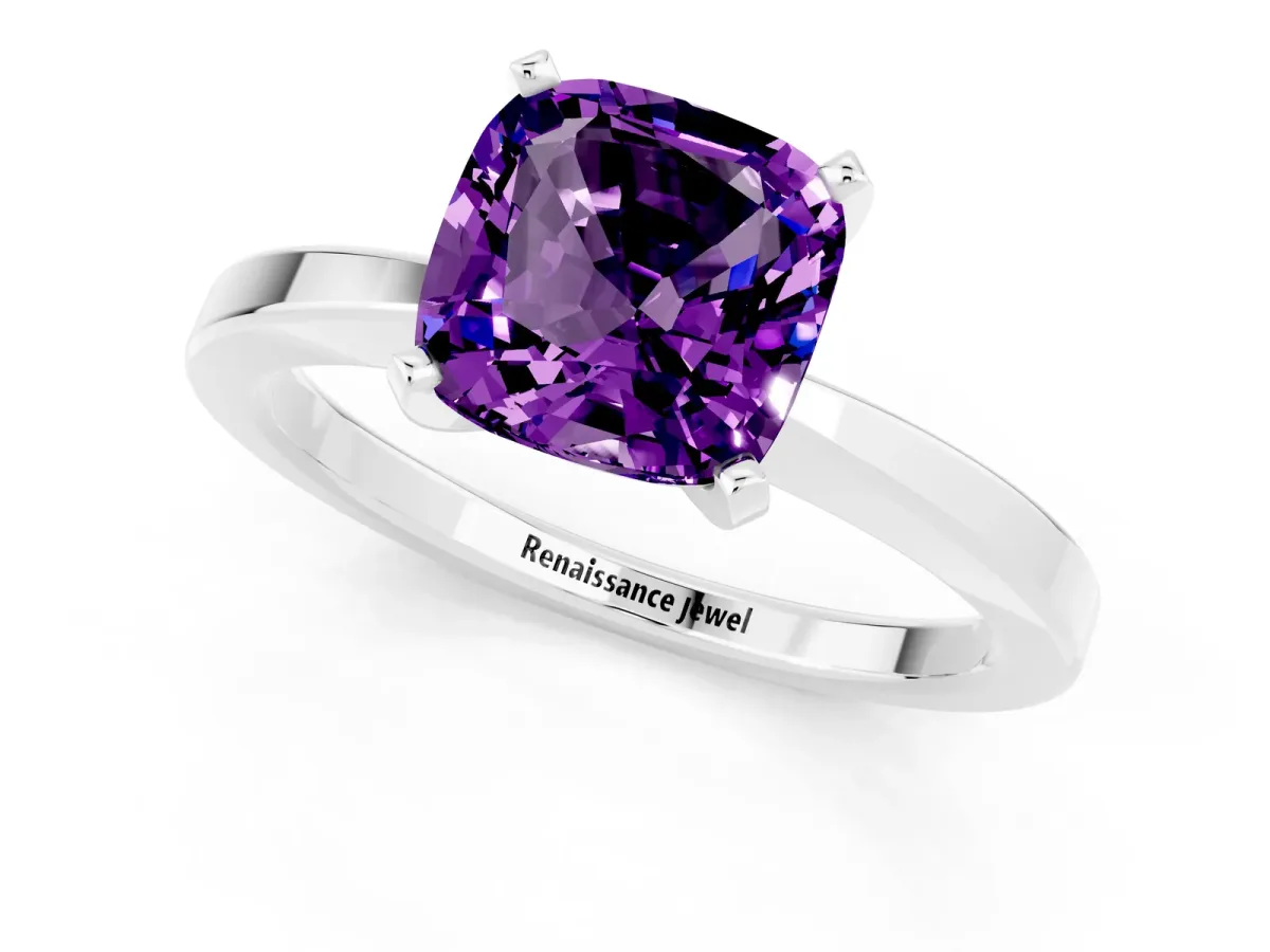 Cushion Cut Amethyst Solitaire Engagement Ring with Classic Band and Four-Prong Setting White gold