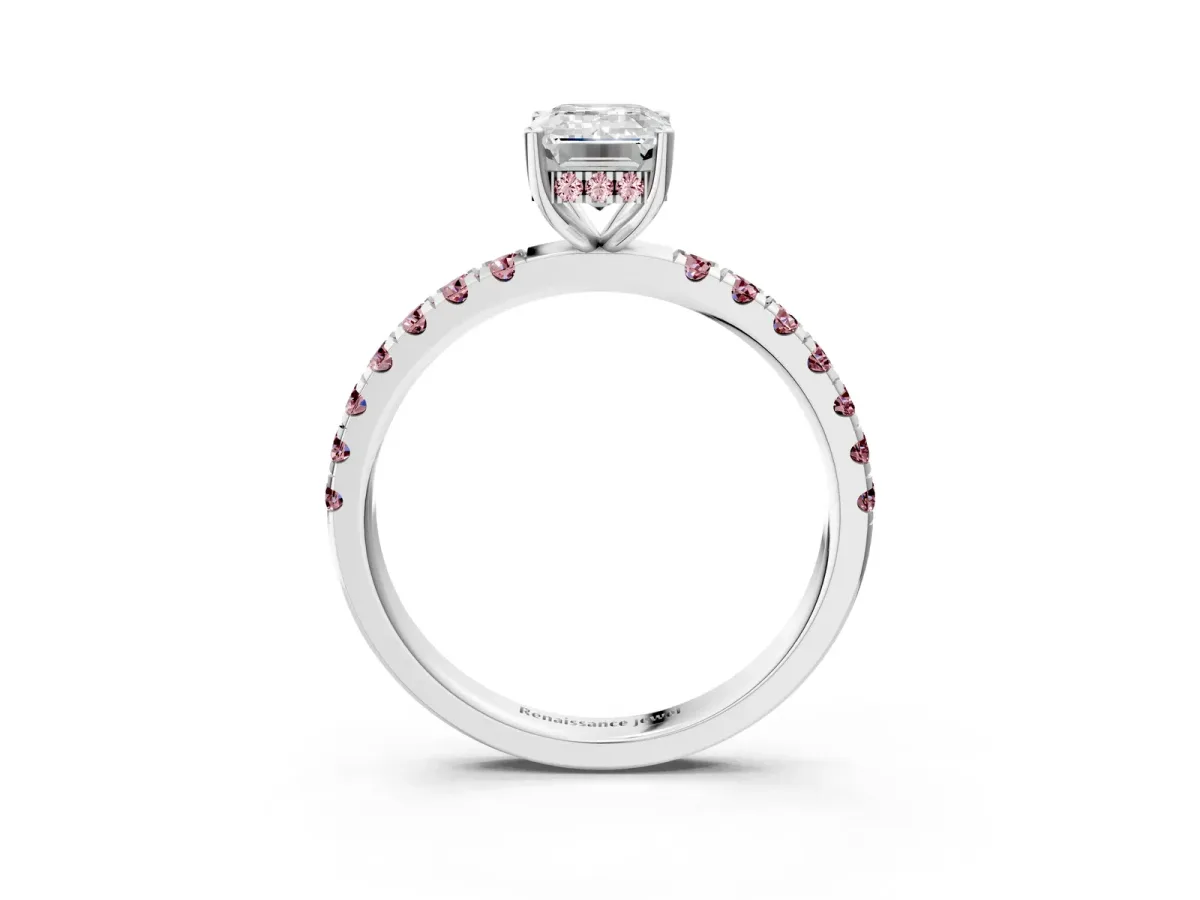 Emerald Cut Diamond Pave Band Solitaire Ring with Round Morganite and Prong Setting Platinum