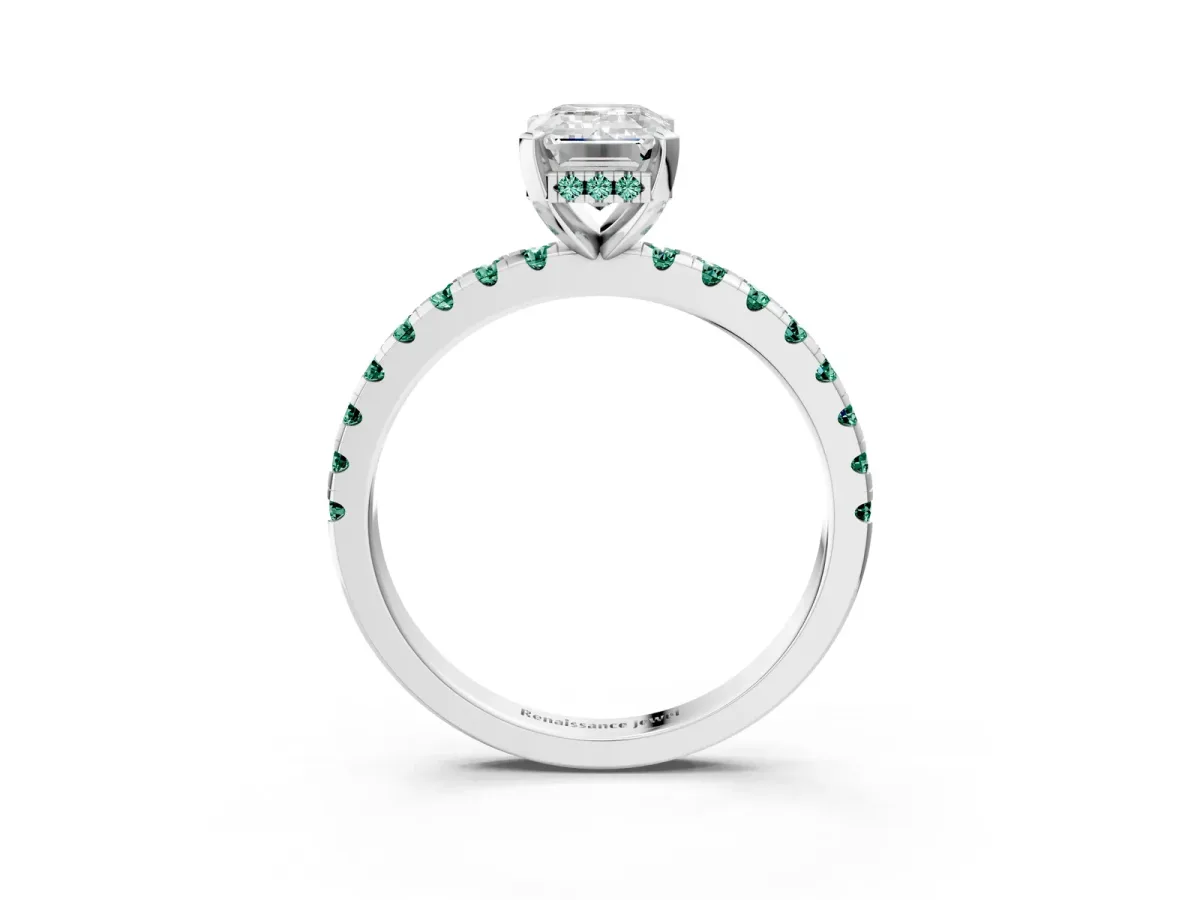 Emerald Cut Diamond Solitaire Ring with Round Green Sapphire Pavé Band and Four-Prong Setting Silver