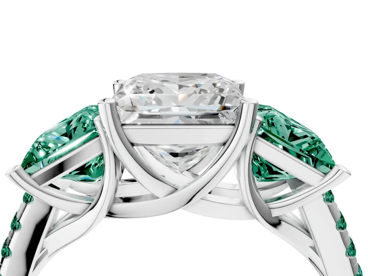 Three-Stone Princess Cut Diamond Ring with Round Green Sapphire Pavé Band and Prong Setting Silver