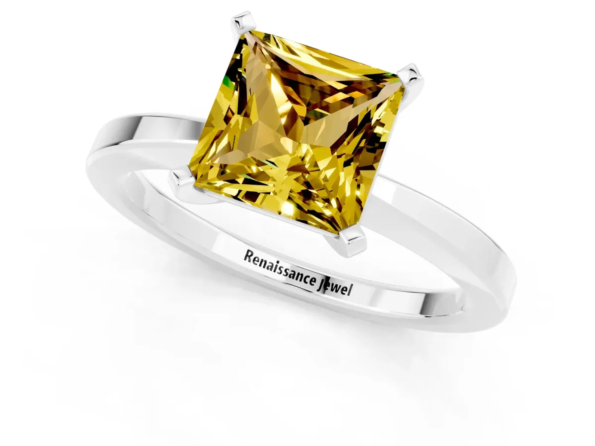 Princess Cut Yellow Sapphire Solitaire Engagement Ring with Classic Band and Four-Prong Setting Silver