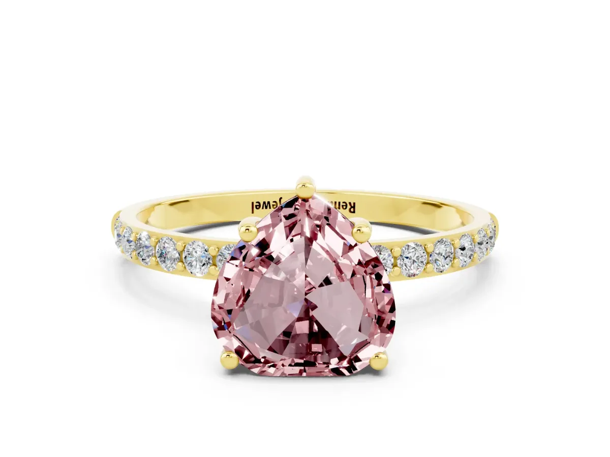 Heart Cut Morganite Solitaire Ring with Round Pavé Band and Prong Setting Yellow gold