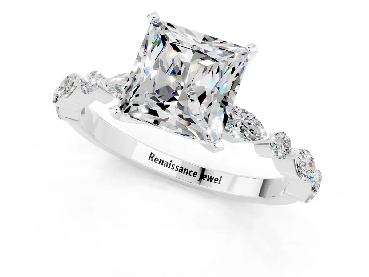 Princess Cut Moissanite Ring with Marquise and Round Side Stones and Four-Prong Setting Silver