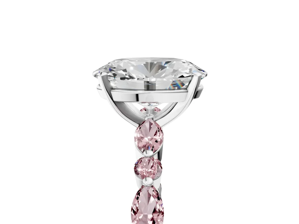 Oval Cut Diamond Ring with Marquise and Round Morganite Side Stones and Four-Prong Setting Silver
