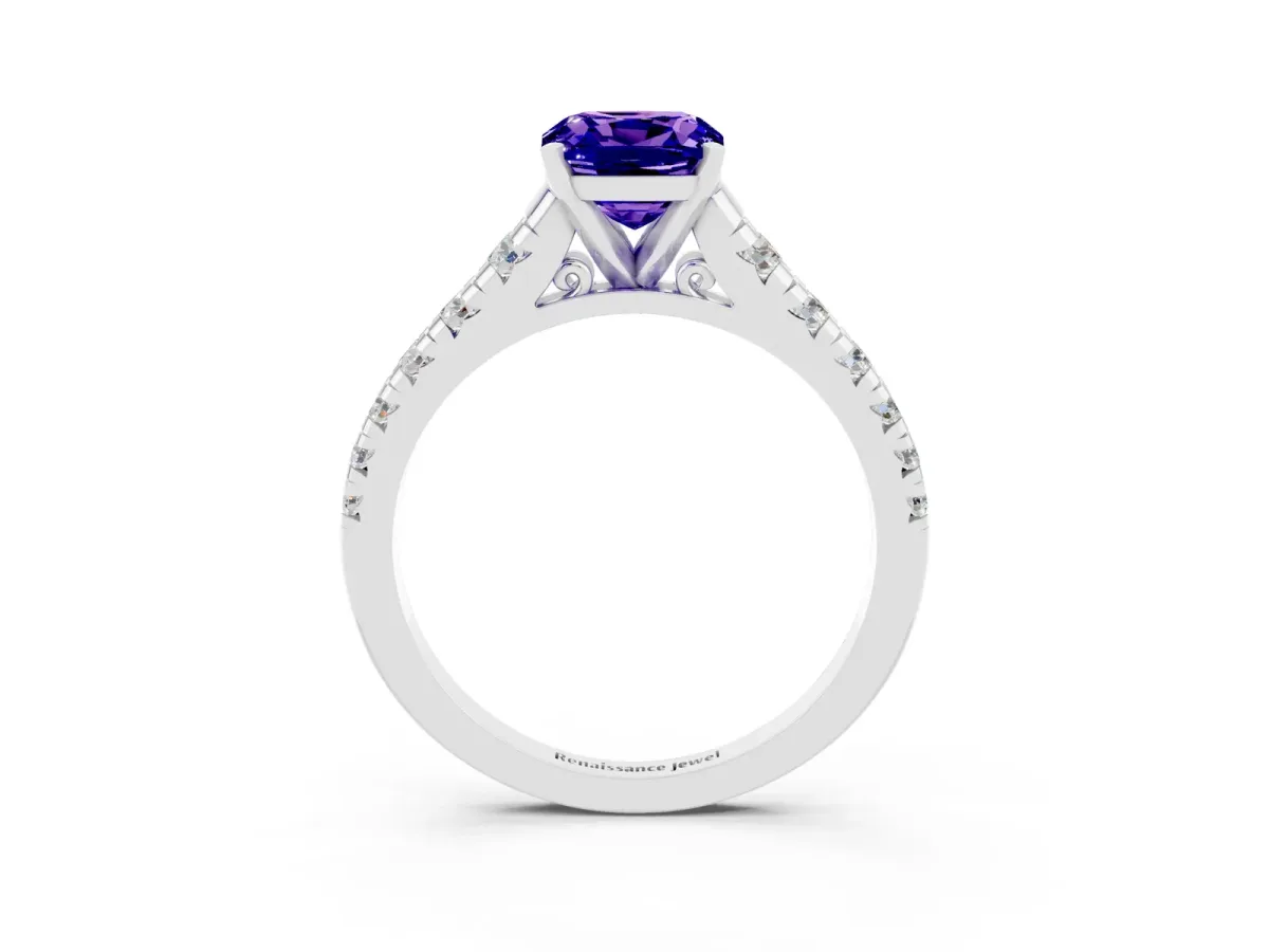 Cushion Cut Tanzanite Cathedral Solitaire Ring with Round Pavé Band Platinum
