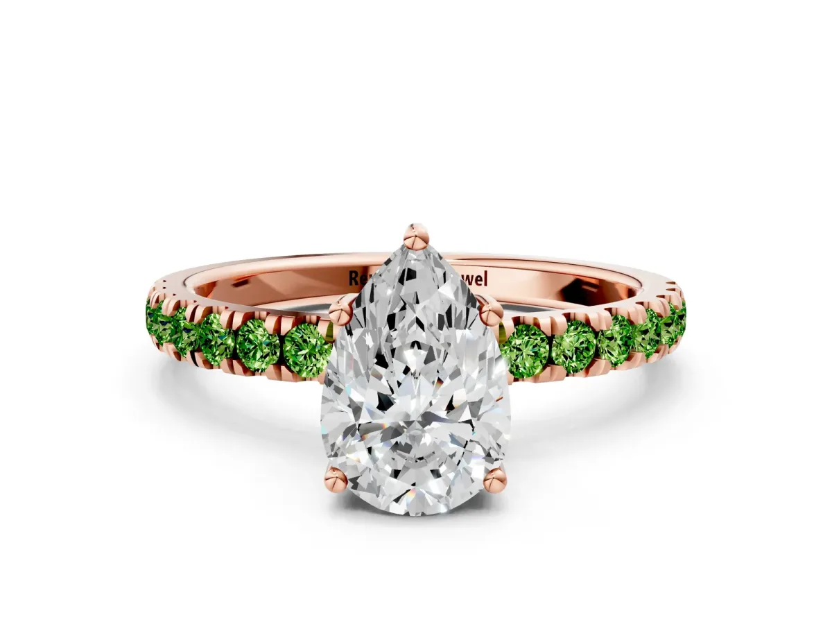 Pear Cut Diamond Pave Band Solitaire Ring with Round Peridot and Prong Setting Rose gold