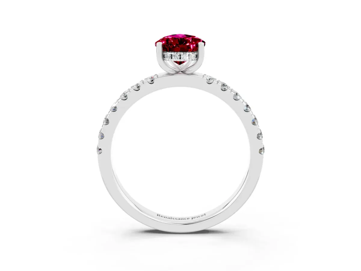 Pear Cut Garnet Pave Band Solitaire Ring with Round and Prong Setting White gold