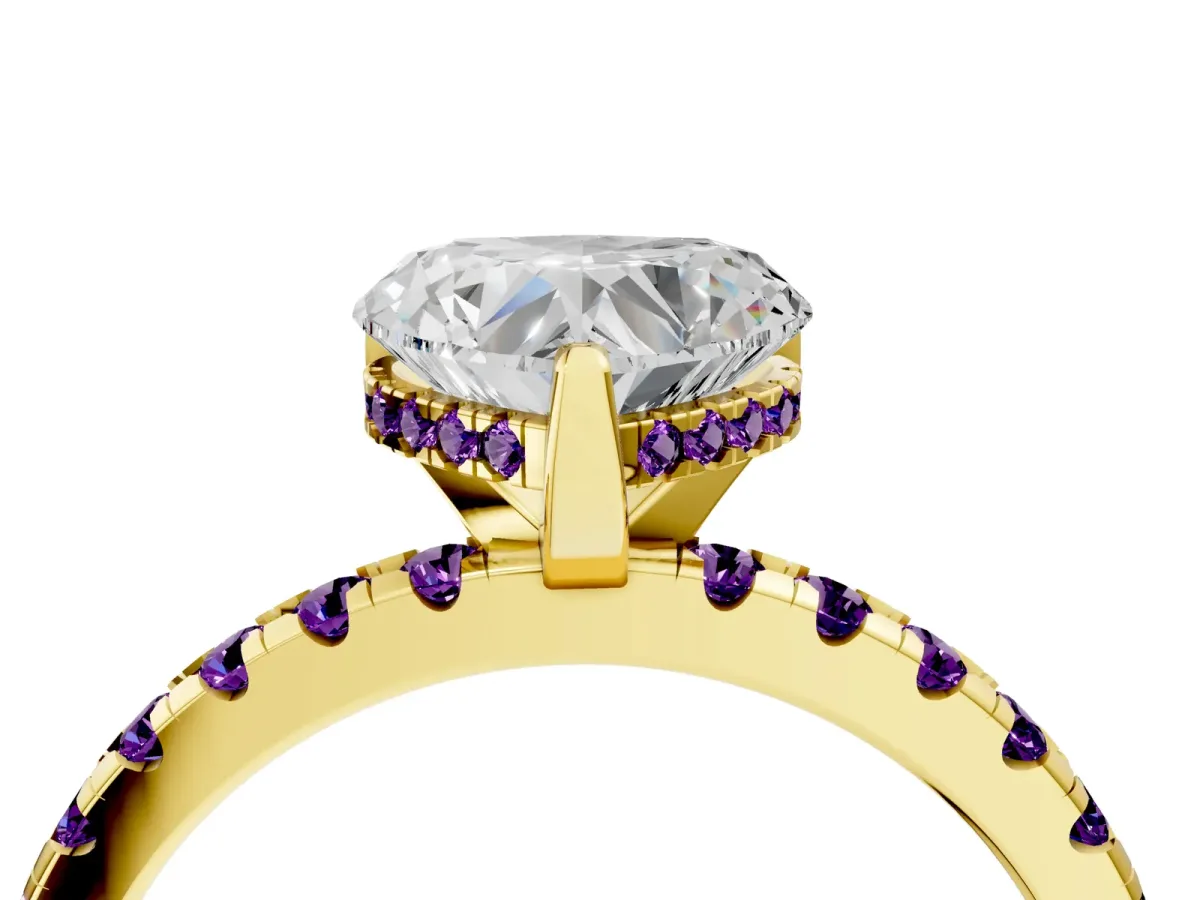Heart Cut Diamond Solitaire Ring with Round Amethyst Pavé Band and Four-Prong Setting Yellow gold