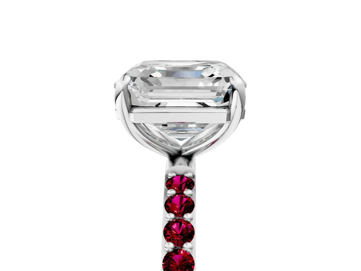 Asscher Cut Diamond Solitaire Ring with Round Garnet Pavé Band and Prong Setting Platinum