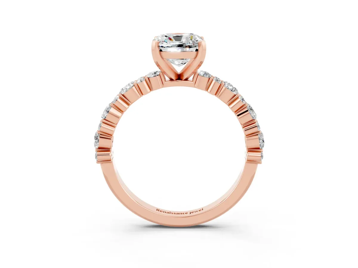 Cushion Cut Moissanite Side Stone Solitaire Ring with Round and Four-Prong Setting Rose gold