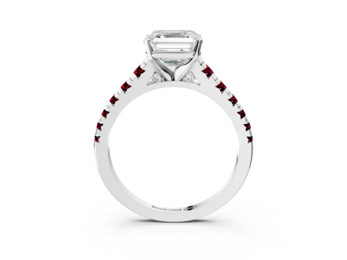 Asscher Cut Diamond Cathedral Solitaire Ring with Round Garnet Pavé Band Platinum