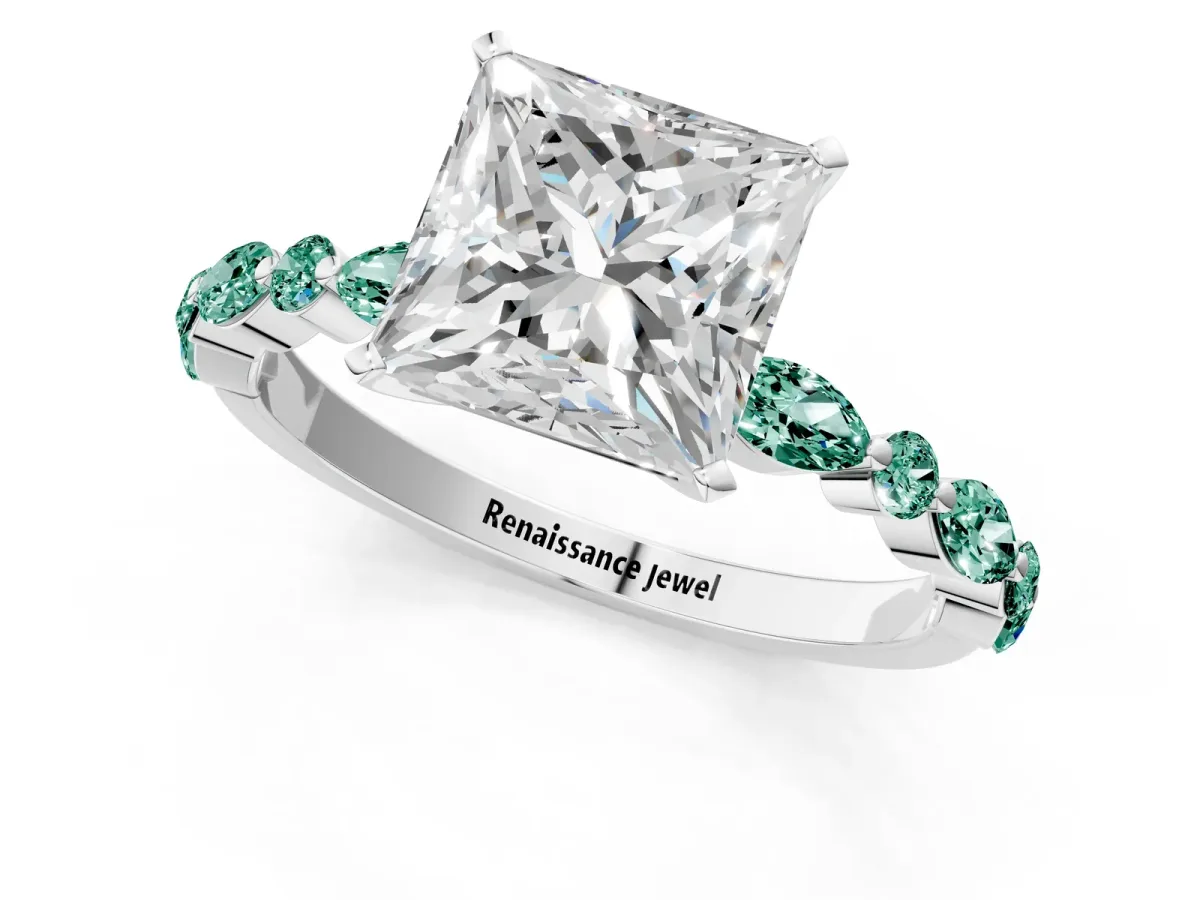Princess Cut Diamond Ring with Marquise and Round Green Sapphire Side Stones and Four-Prong Setting Silver
