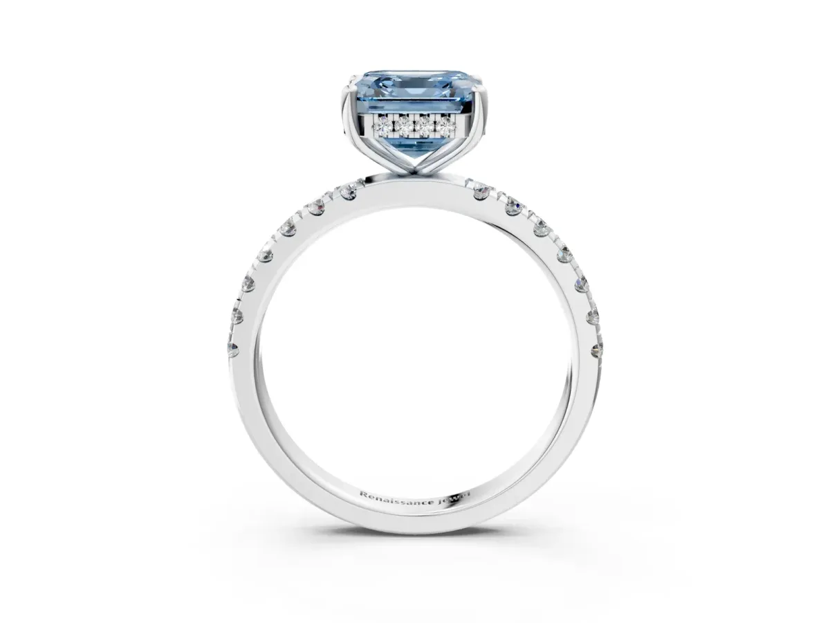 Fancy Blue Asscher Cut Diamond Pave Band Solitaire Ring with Round and Prong Setting White gold