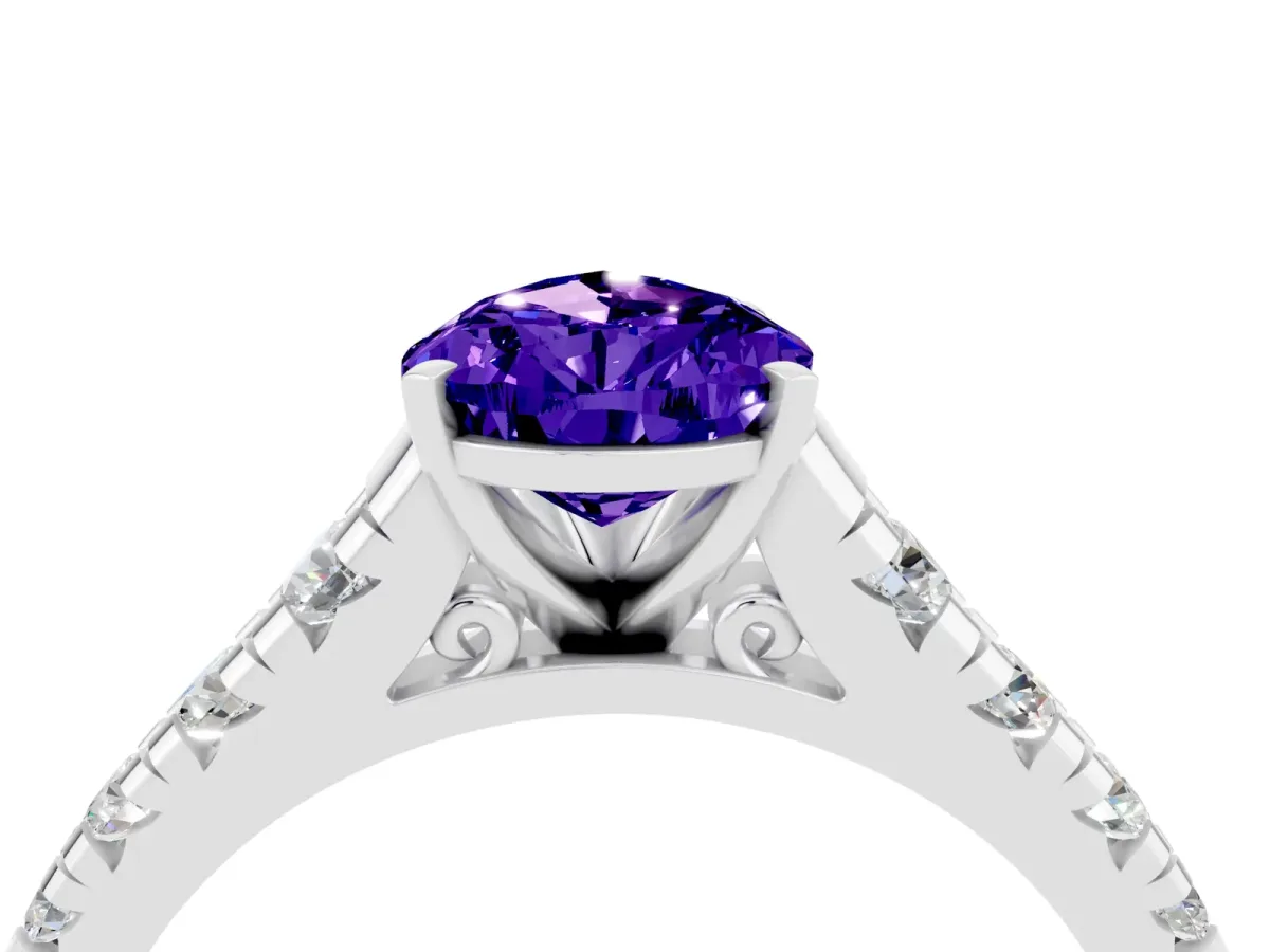 Pear Cut Tanzanite Cathedral Solitaire Ring with Round Pavé Band Platinum