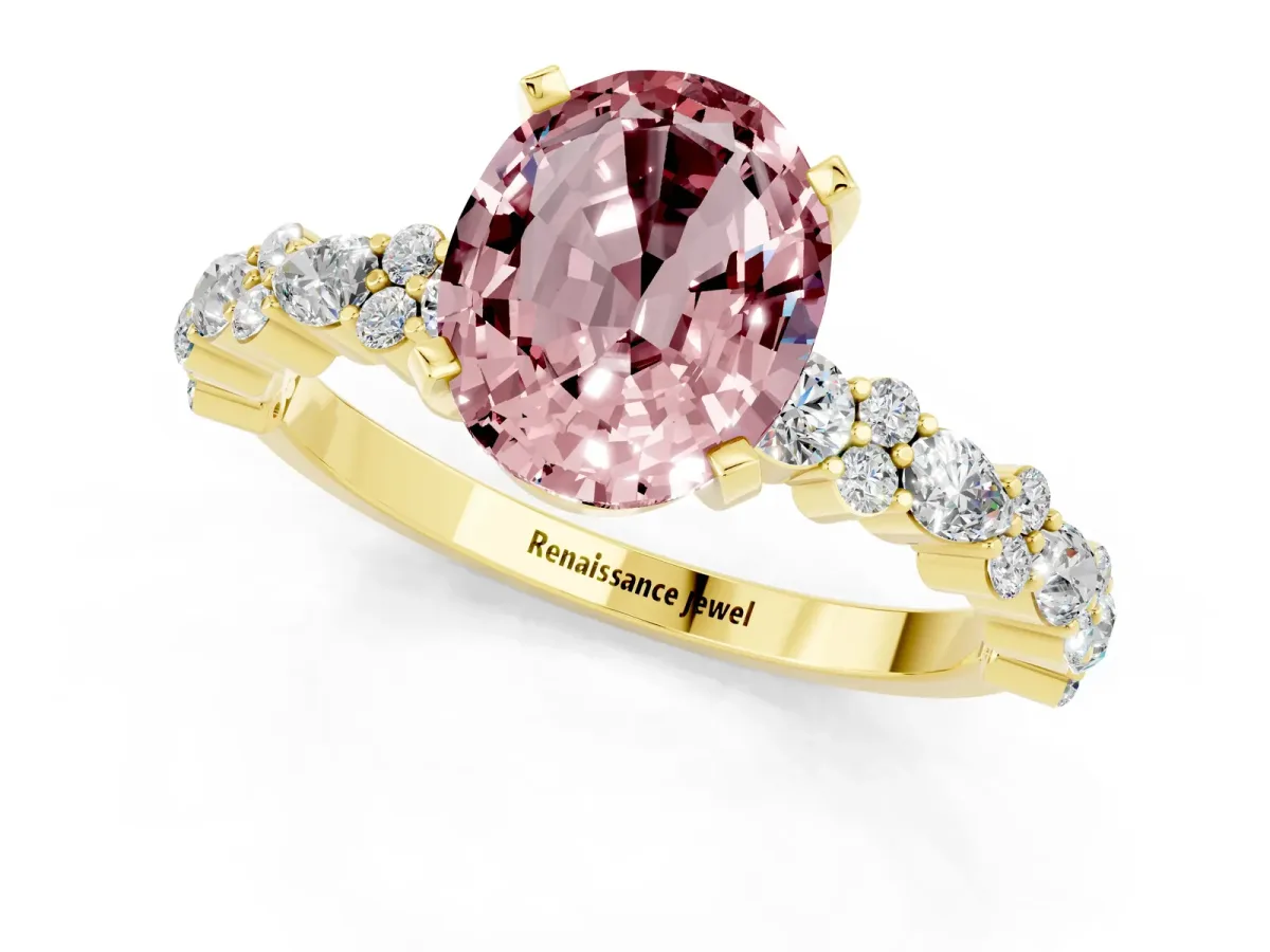 Oval Cut Morganite Side Stone Solitaire Ring with Round and Four-Prong Setting Yellow gold