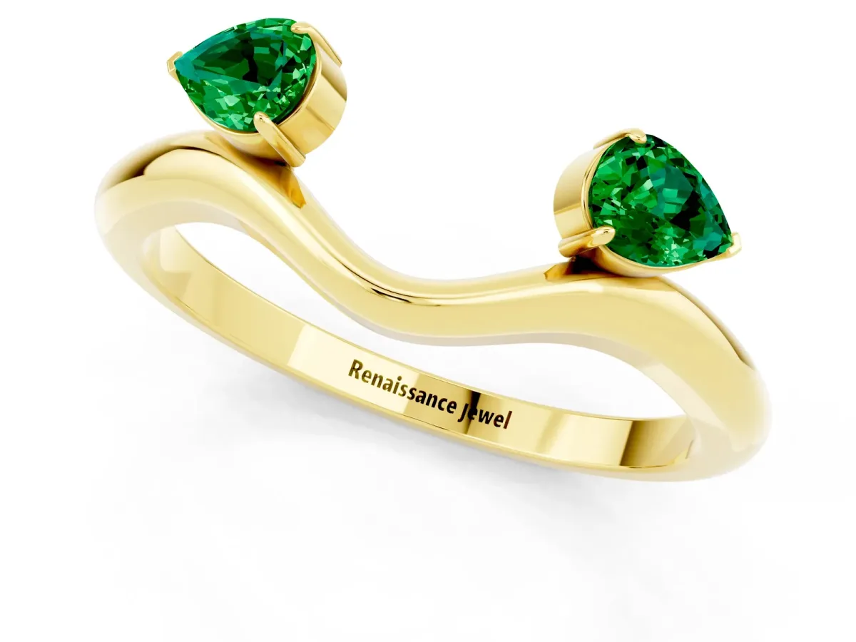 Pear Cut Emerald Two-Stone Open Band Ring with Prong Setting Yellow gold