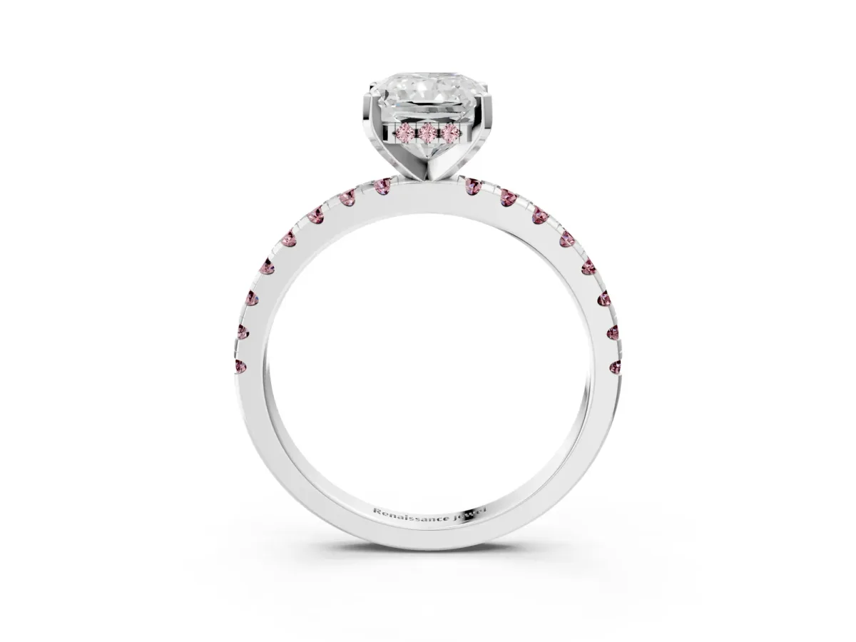 Radiant Cut Diamond Solitaire Ring with Round Morganite Pavé Band and Four-Prong Setting Silver