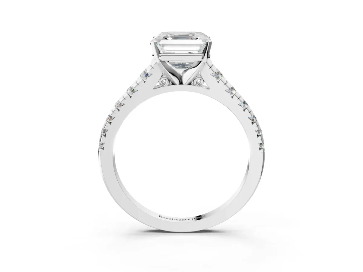 Asscher Cut Diamond Cathedral Solitaire Ring with Round Moissanite Pavé Band Platinum