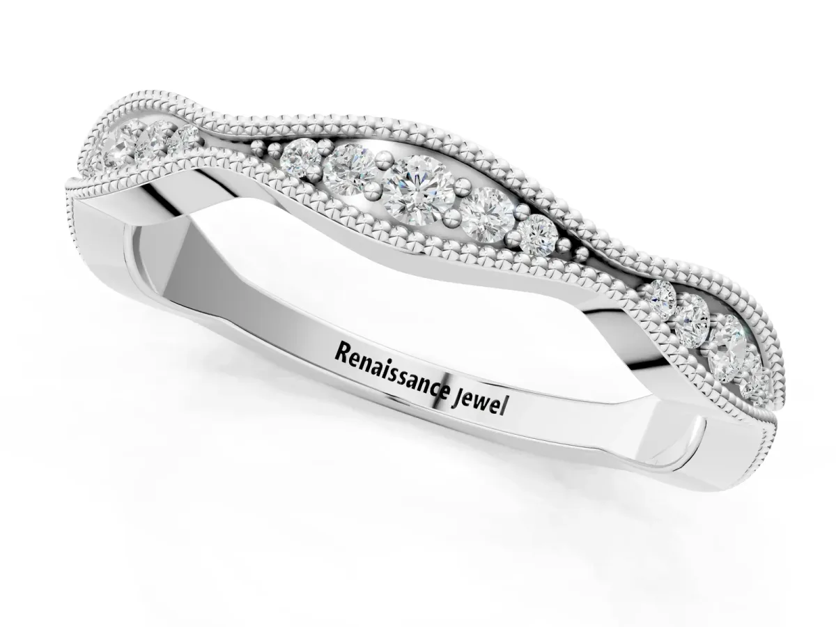 Milgrain Diamond Marquise Curved Band with Pavé Setting White gold