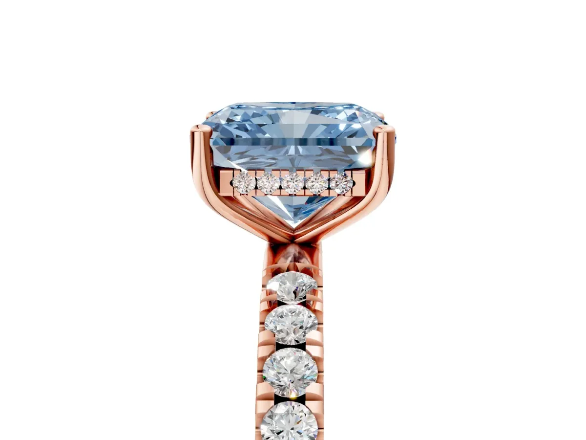 Fancy Blue Radiant Cut Diamond Pave Band Solitaire Ring with Round and Prong Setting Rose gold