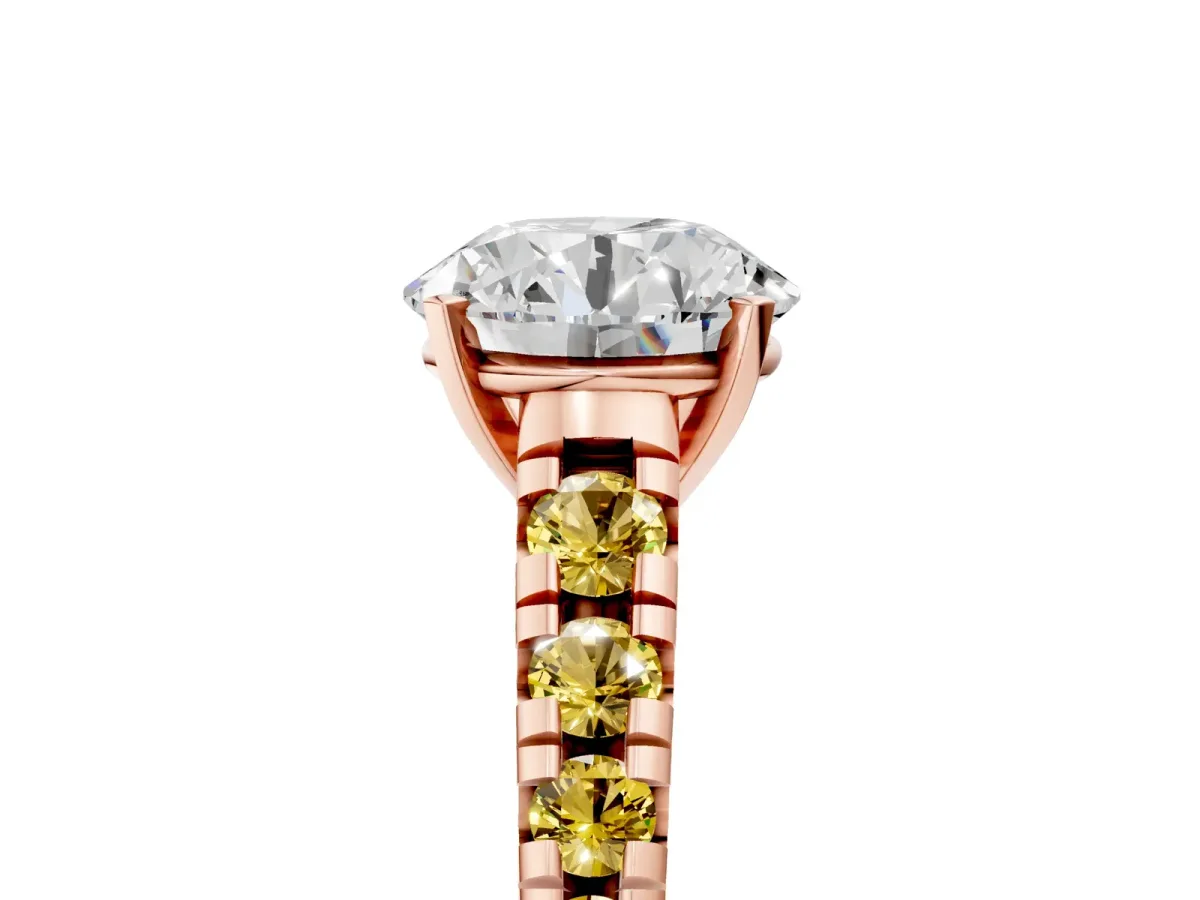 Round Cut Diamond Cathedral Solitaire Ring with Round Yellow Sapphire Pavé Band Rose gold