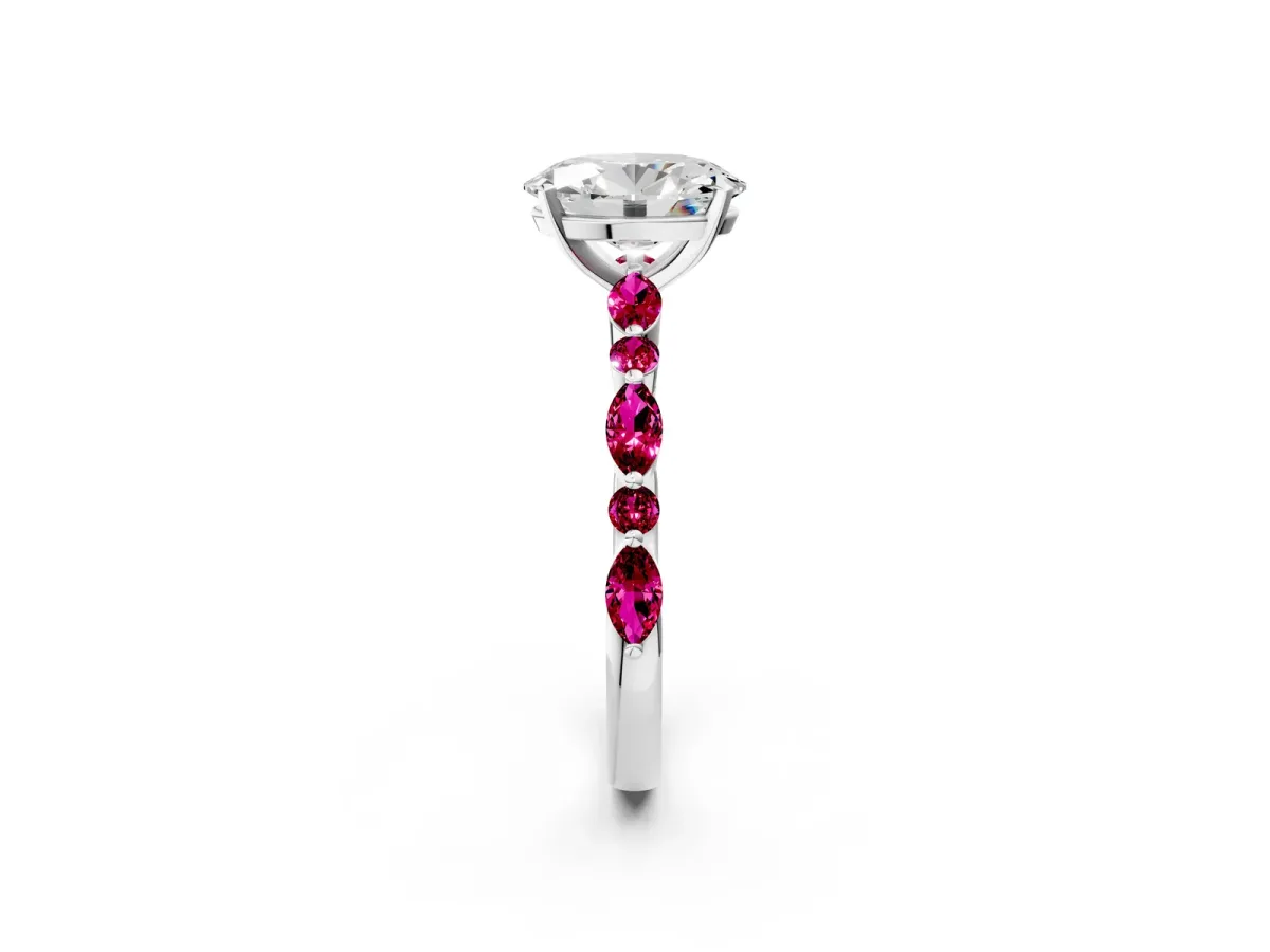 Oval Cut Diamond Ring with Marquise and Round Garnet Side Stones and Four-Prong Setting Silver