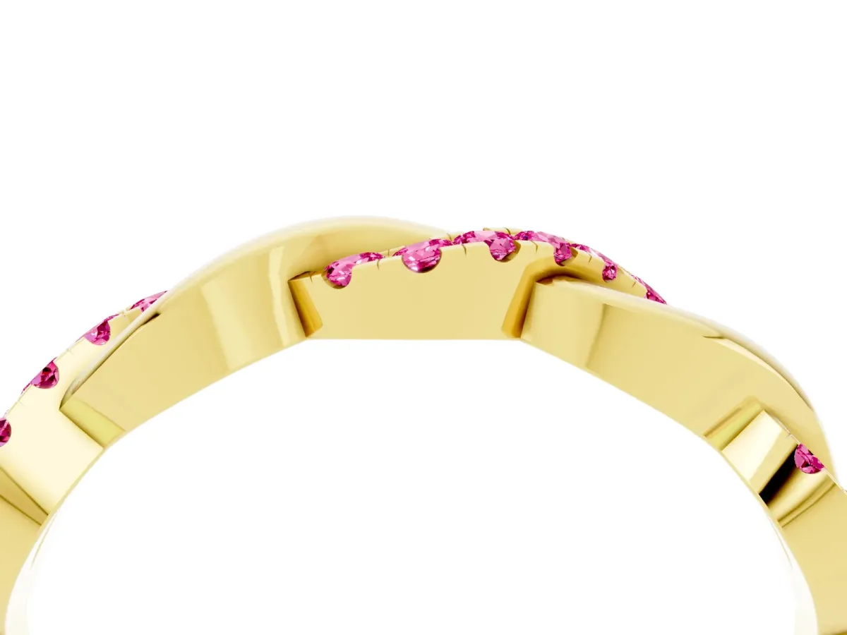 Pavé Round Pink Sapphire Twist Eternity Band with Shared Prong Setting Yellow gold