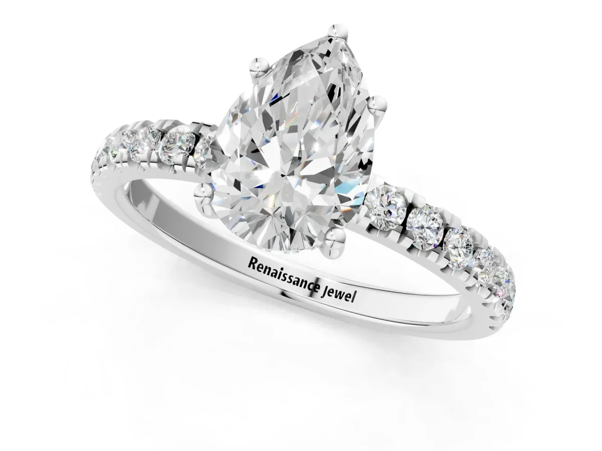 Pear Cut Diamond Pave Band Solitaire Ring with Round Moissanite and Prong Setting White gold