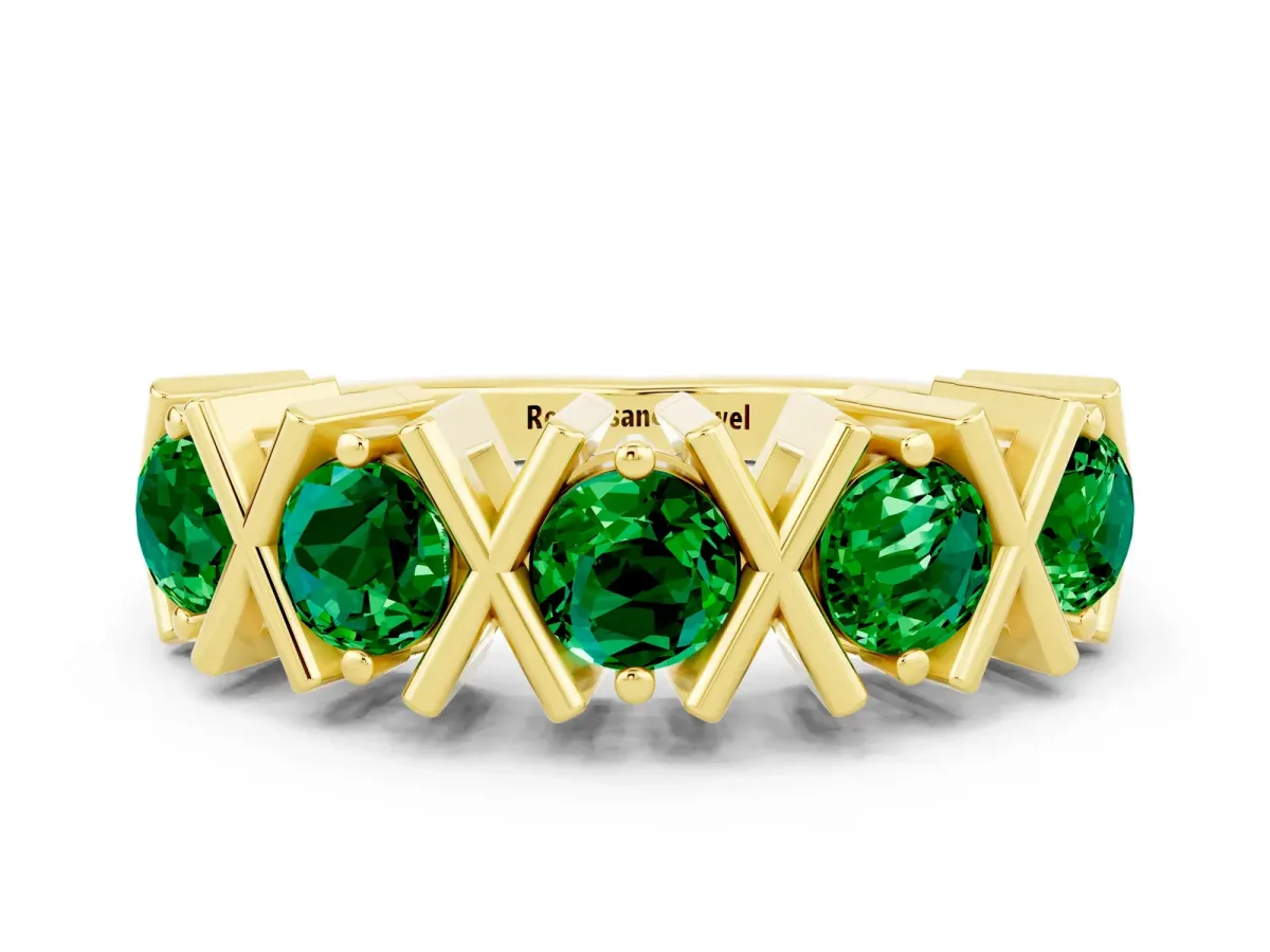 Round Emerald Channel Set Band with X-Prong Detail Yellow gold