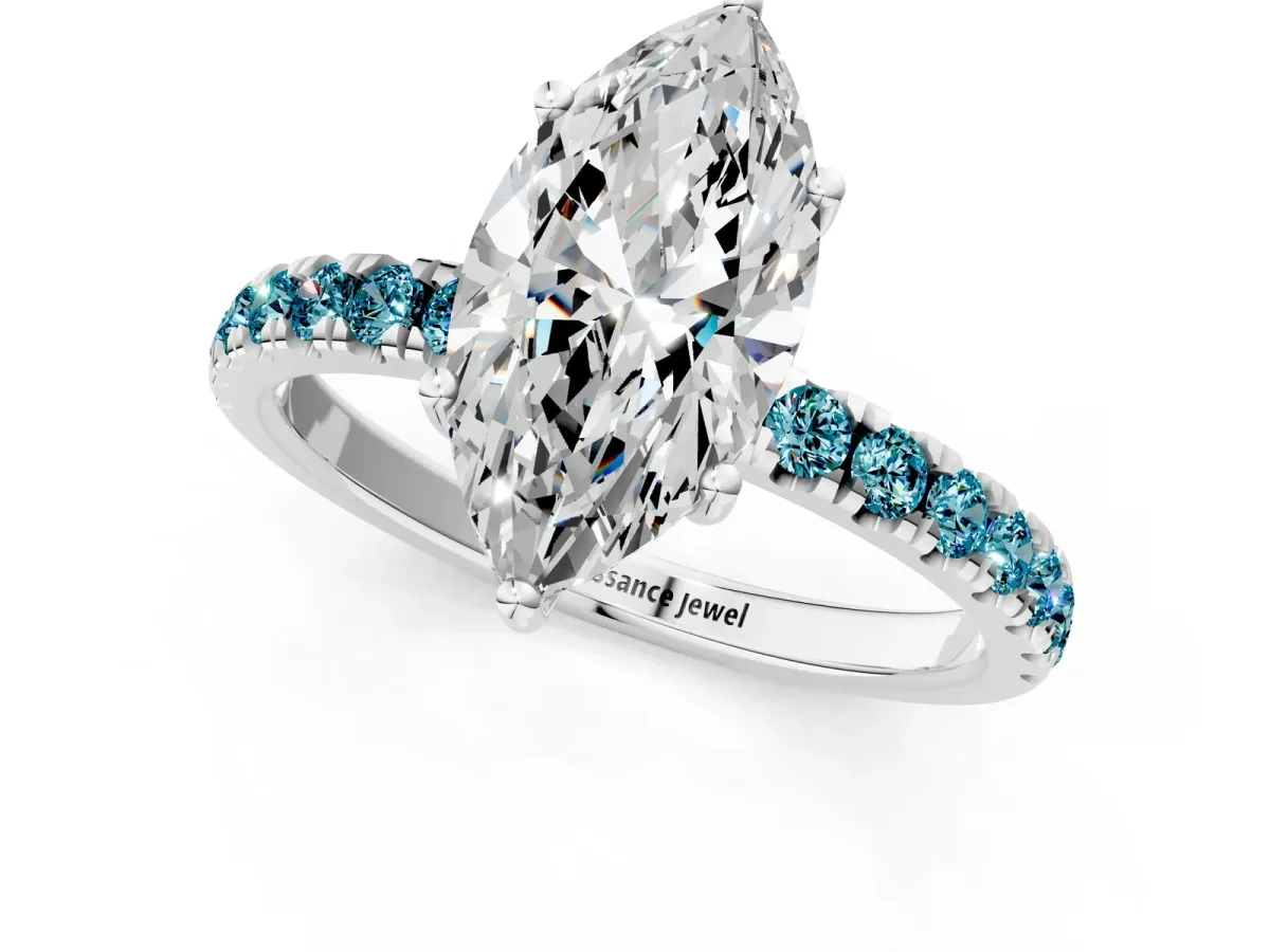 Marquise Cut Diamond Pave Band Solitaire Ring with Round Blue Topaz and Prong Setting Platinum
