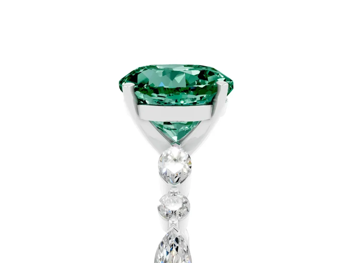 Round Cut Green Sapphire Ring with Marquise and Round Side Stones and Four-Prong Setting Silver