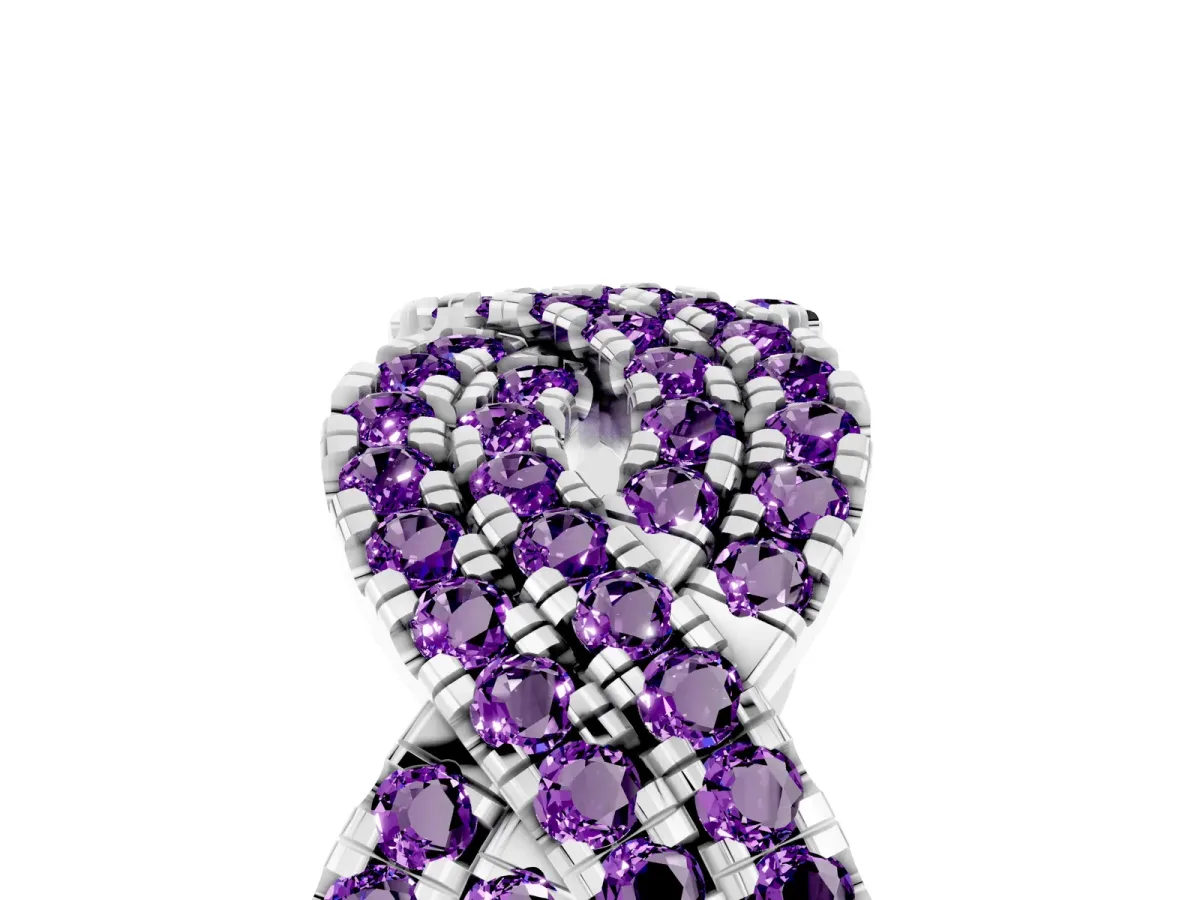 Pavé Round Amethyst Infinity Twist Band with Shared Prong Setting Platinum
