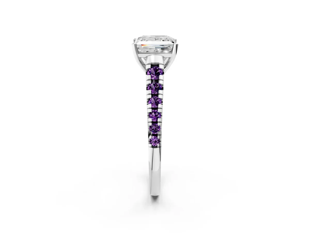Princess Cut Diamond Cathedral Solitaire Ring with Round Amethyst Pavé Band Platinum
